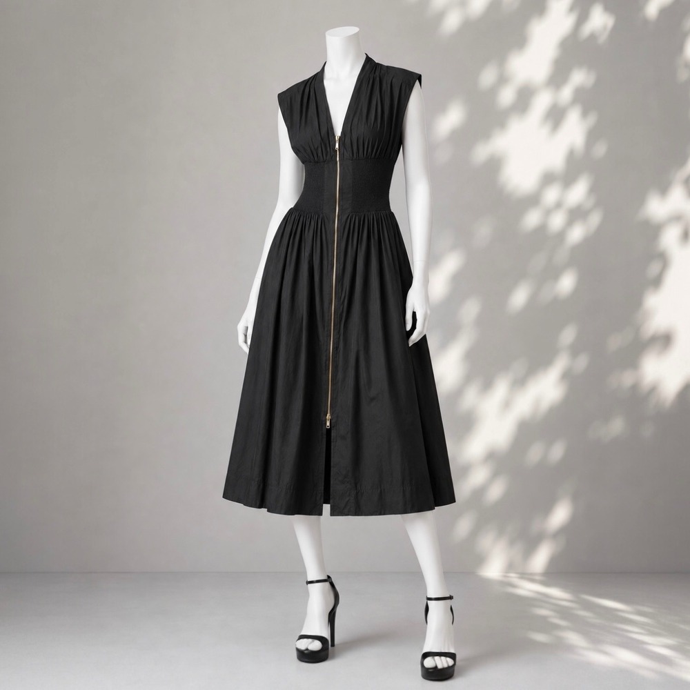 Anthropologie Tommie Zip Front Midi Dress 1X Black Smocked Cotton Minimalist